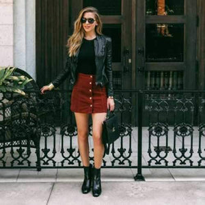 Front Button Up High Waisted Mini Suede Skirt on sale - SOUISEE
