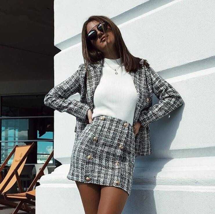 Confident Womens Tweed Blazer And Skirt Suits Plaid on sale - SOUISEE