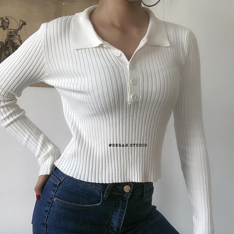 Cozy Long sleeve knitted polo shirt Tops Womens on sale - SOUISEE