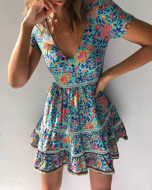 Trimming Boho Floral Button Down Flowy Mini Dress on sale - SOUISEE