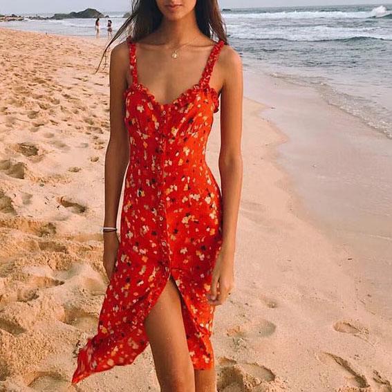Casual Corset Red Fleur Floral Ruffle Strap Button Up Floral Dress on sale - SOUISEE