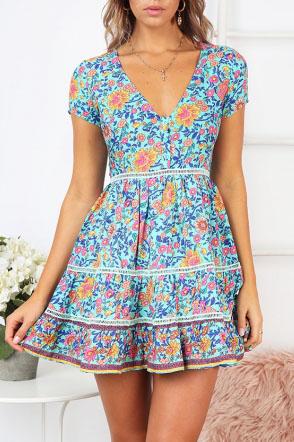 Trimming Boho Floral Button Down Flowy Mini Dress on sale - SOUISEE