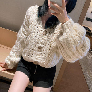 Hand Knitted Braid Chunky Cable Knit V Neck Button Crop Cardigan Sweater on sale - SOUISEE