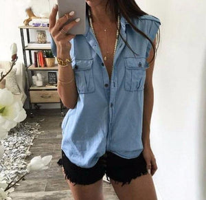 Casual Button Up Sleeveless Denim Shirt Blouses on sale - SOUISEE