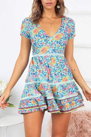 Trimming Boho Floral Button Down Flowy Mini Dress on sale - SOUISEE