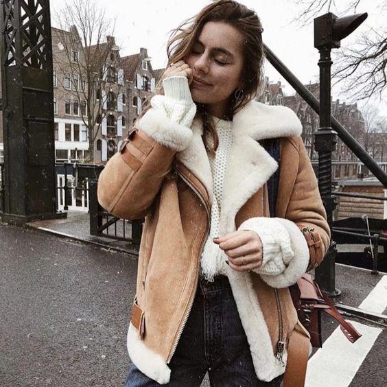 Faux Fur Lined Leather Shearling Moto Jacket on sale - SOUISEE