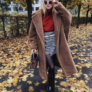 Long Faux Fur Camel Teddy Coat Maxi Jackets on sale - SOUISEE