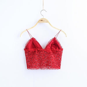 V Neck lace trim cami crop top camisoles tanks tops on sale - SOUISEE