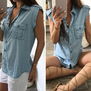 Casual Button Up Sleeveless Denim Shirt Blouses on sale - SOUISEE