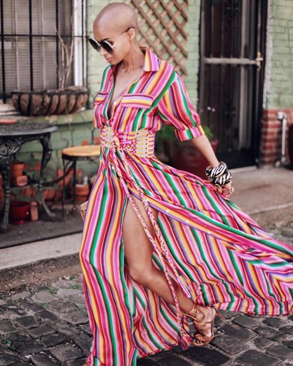 Boho Multi striped long maxi button down dress with sleeves on sale - SOUISEE
