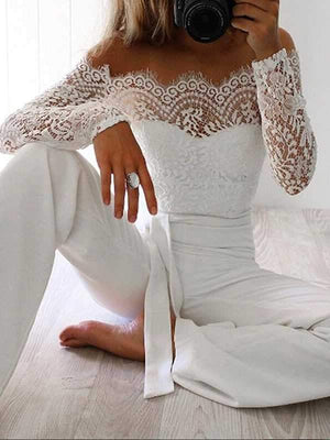 Cozy Lace Off The Shoulder Tie Jumpsuit Pantsuits on sale - SOUISEE