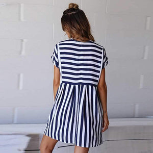 Slimming High Waisted Striped Short Sleeve Swing Dress on sale - SOUISEE