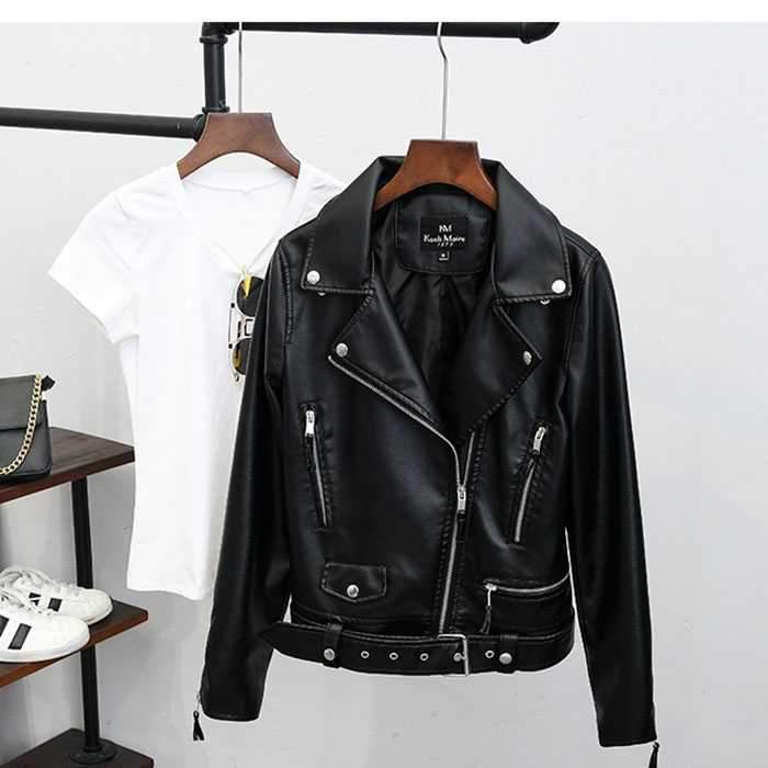 Womens Motorcycle Style Black Faux Leather Moto Jacket on sale - SOUISEE