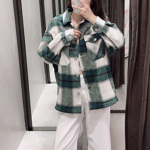 Classic Thick Colorblock Checked Button Down Woolen Shirt Jacket on sale - SOUISEE