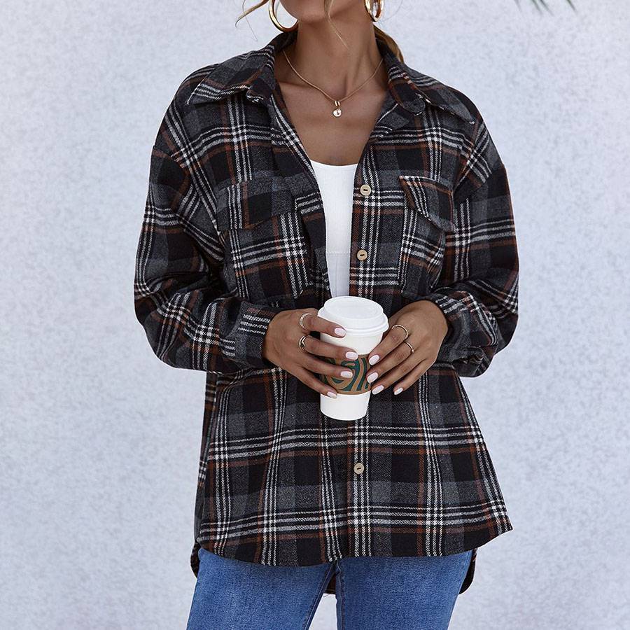 Blend Wool Brushed Plaid Pattern Shacket Collared Flannel Shirt Jacket on sale - SOUISEE