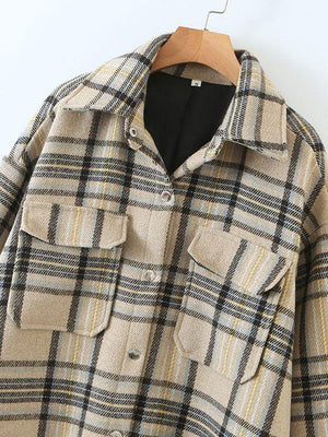 Blend Wool Brushed Plaid Pattern Shacket Collared Flannel Shirt Jacket on sale - SOUISEE