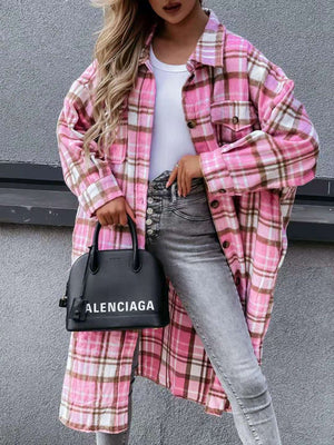 Wool Blend Longline Plaid Shacket Long Checked Peacoat on sale - SOUISEE