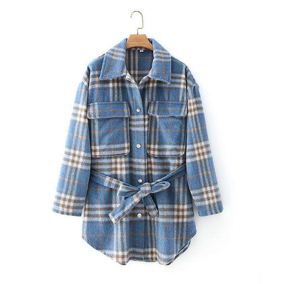 Blend Wool Brushed Plaid Pattern Shacket Collared Flannel Shirt Jacket on sale - SOUISEE