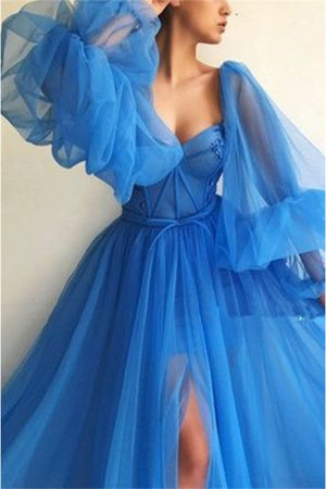 Embroidered Corset Puffy Sleeve Mesh Tulle Ball Gown Thigh Split Bridesmaid Dress on sale - SOUISEE