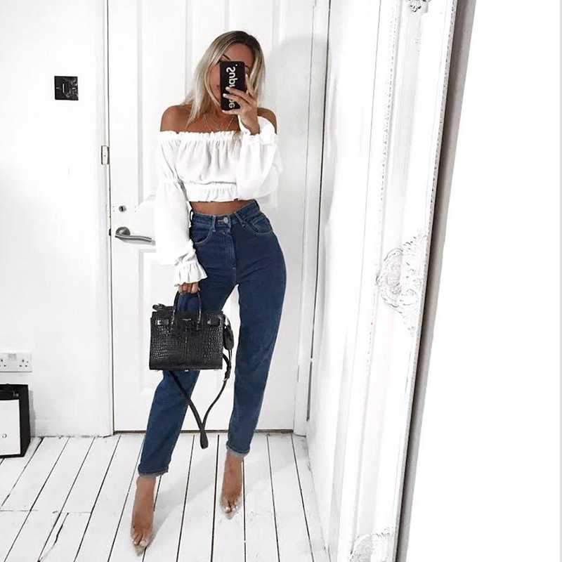 Lantern Long Sleeve Ruffle Off The Shoulder Chiffon Crop Top Blouse on sale - SOUISEE