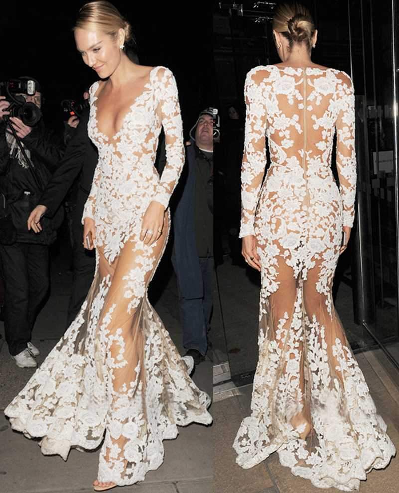 White Lace Embroidered Sheer Mesh Mermaild Formal Gowns Dress on sale - SOUISEE