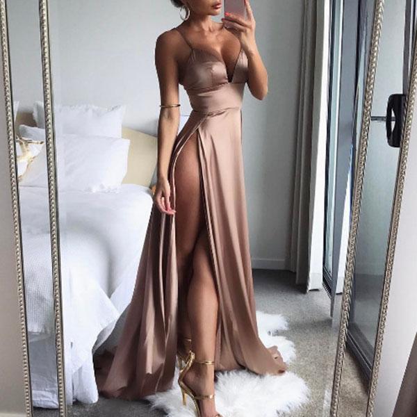 Rose Gold Spaghetti Double Split Maxi Satin Dress Gowns Backless on sale - SOUISEE