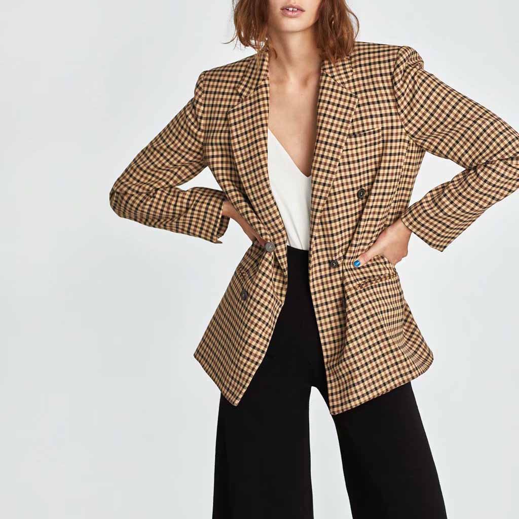 Double Breasted Khaki Lapel Collar Checkered Blazer Suit Womens on sale - SOUISEE