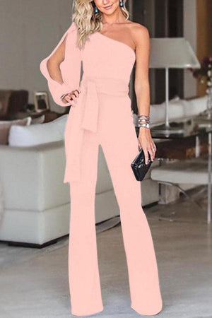 One Shoulder Split Sleeve Belted Wide Leg Jumpsuits on sale - SOUISEE