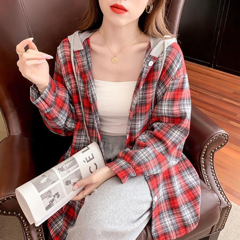 Oversizd Fit Button Up Hoodies Casual Multi Colored Hooded Flannel Shirt on sale - SOUISEE