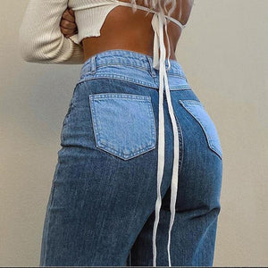 Slim Fit Stitched Color Block Straight Leg Jeans Ripped Denim Trousers on sale - SOUISEE