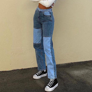 Slim Fit Stitched Color Block Straight Leg Jeans Ripped Denim Trousers on sale - SOUISEE