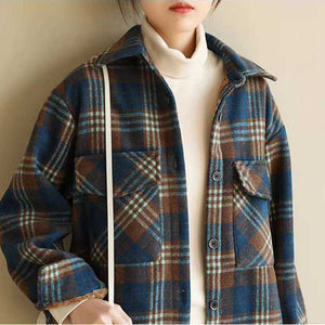 Classic Thick Colorblock Checked Button Down Woolen Shirt Jacket on sale - SOUISEE