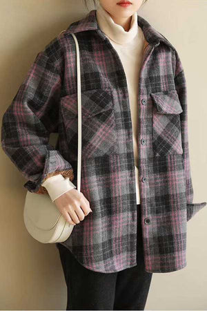 Classic Thick Colorblock Checked Button Down Woolen Shirt Jacket on sale - SOUISEE