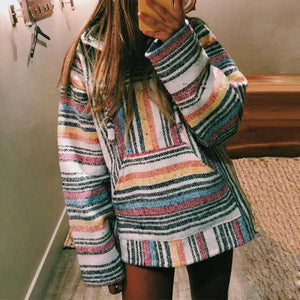 Color block Rainbow Striped Hooded Sweatshirts For Women