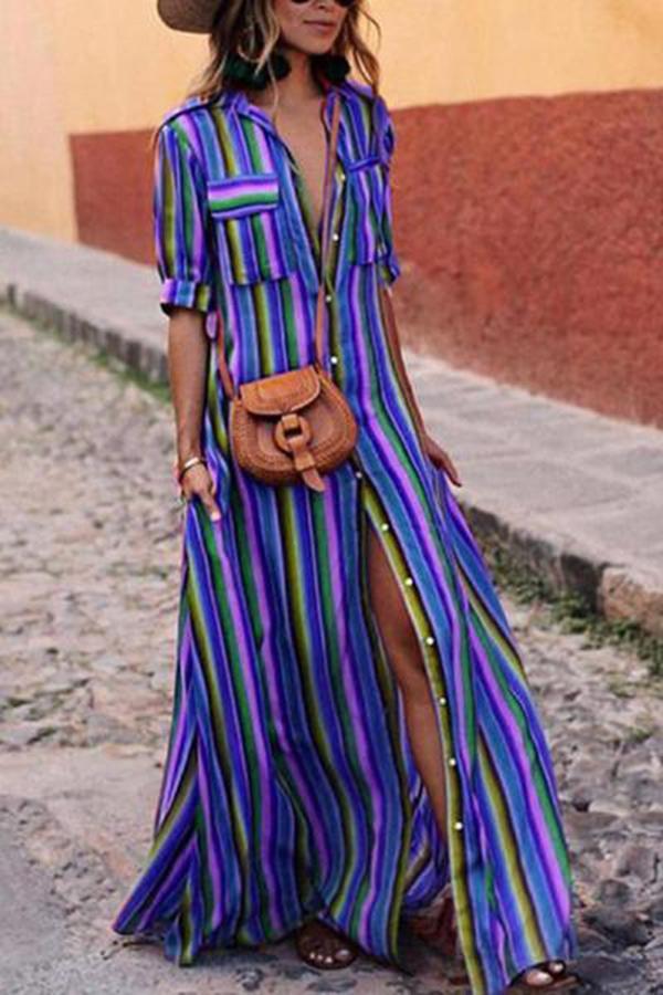 Boho Multi striped long maxi button down dress with sleeves on sale - SOUISEE