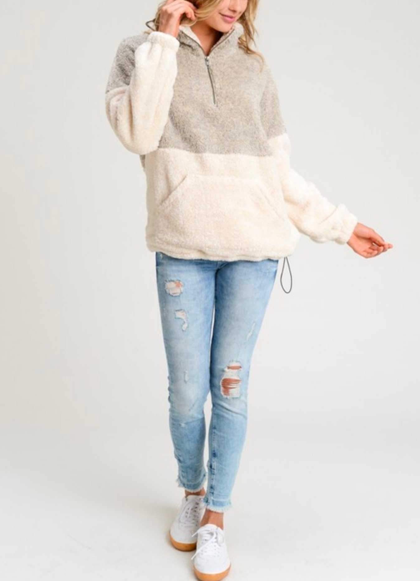 Two Toned Fuzzy Sherpa Fleece Pullover Jacket on sale - SOUISEE