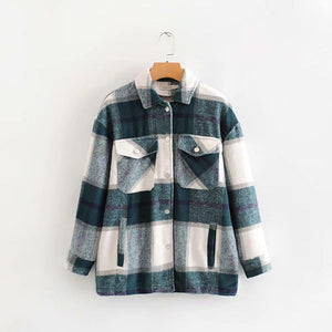 Classic Thick Colorblock Checked Button Down Woolen Shirt Jacket on sale - SOUISEE