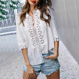 Bohemian Crochet Lace Button Up Shirt Top on sale - SOUISEE