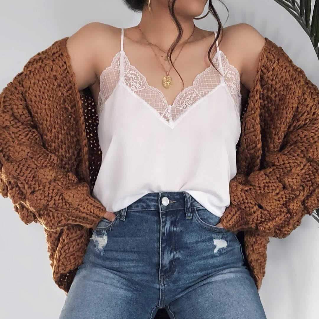 Lace Trimmed V Neck Swing Spaghetti Cami Top on sale - SOUISEE