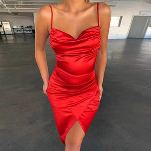 Wrap Ruched Cowl Neck Satin Slip Dress on sale - SOUISEE