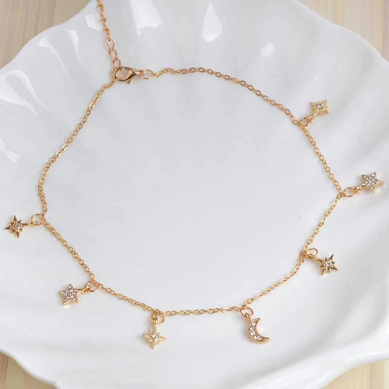 Dainty Rhinestone Multi Stars Crescent Moon Gold Choker on sale - SOUISEE