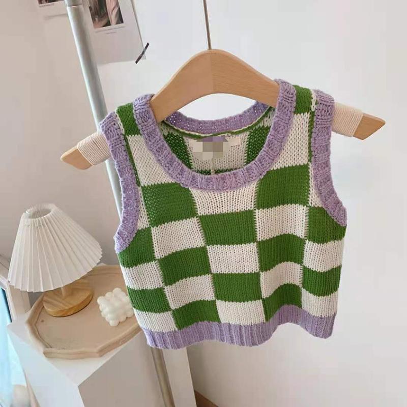 Color Block Ribbed Trimmed Check Knit Vest Cropped Sleeveless Tank Jumper on sale - SOUISEE