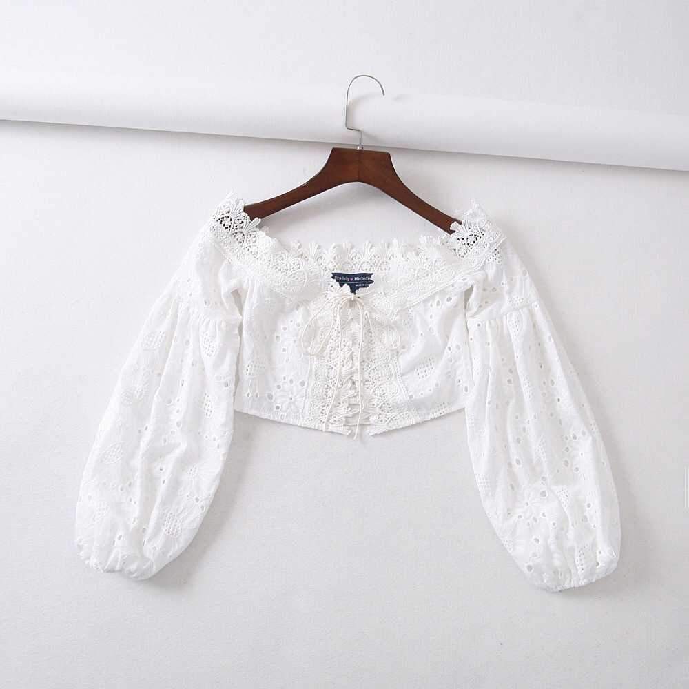 Eyelet Lace Crop Top Off Shoulder Puff Sleeve on sale - SOUISEE