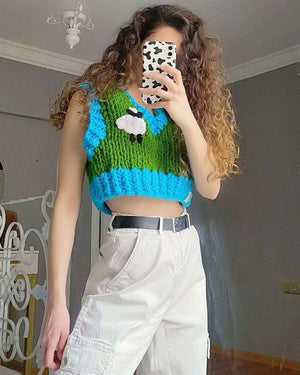 Color Block Ribbed Trimmed Check Knit Vest Cropped Sleeveless Tank Jumper on sale - SOUISEE