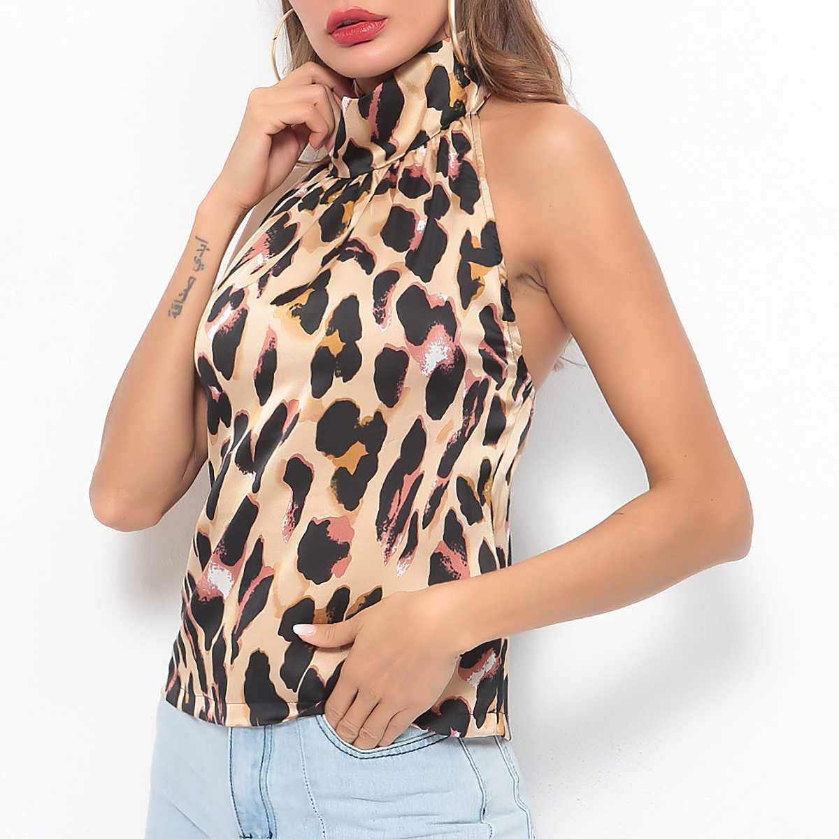 Leopard Halter Neck Tank Top Open Back Sleeveless Shirt on sale - SOUISEE