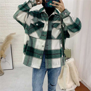 Classic Thick Colorblock Checked Button Down Woolen Shirt Jacket on sale - SOUISEE