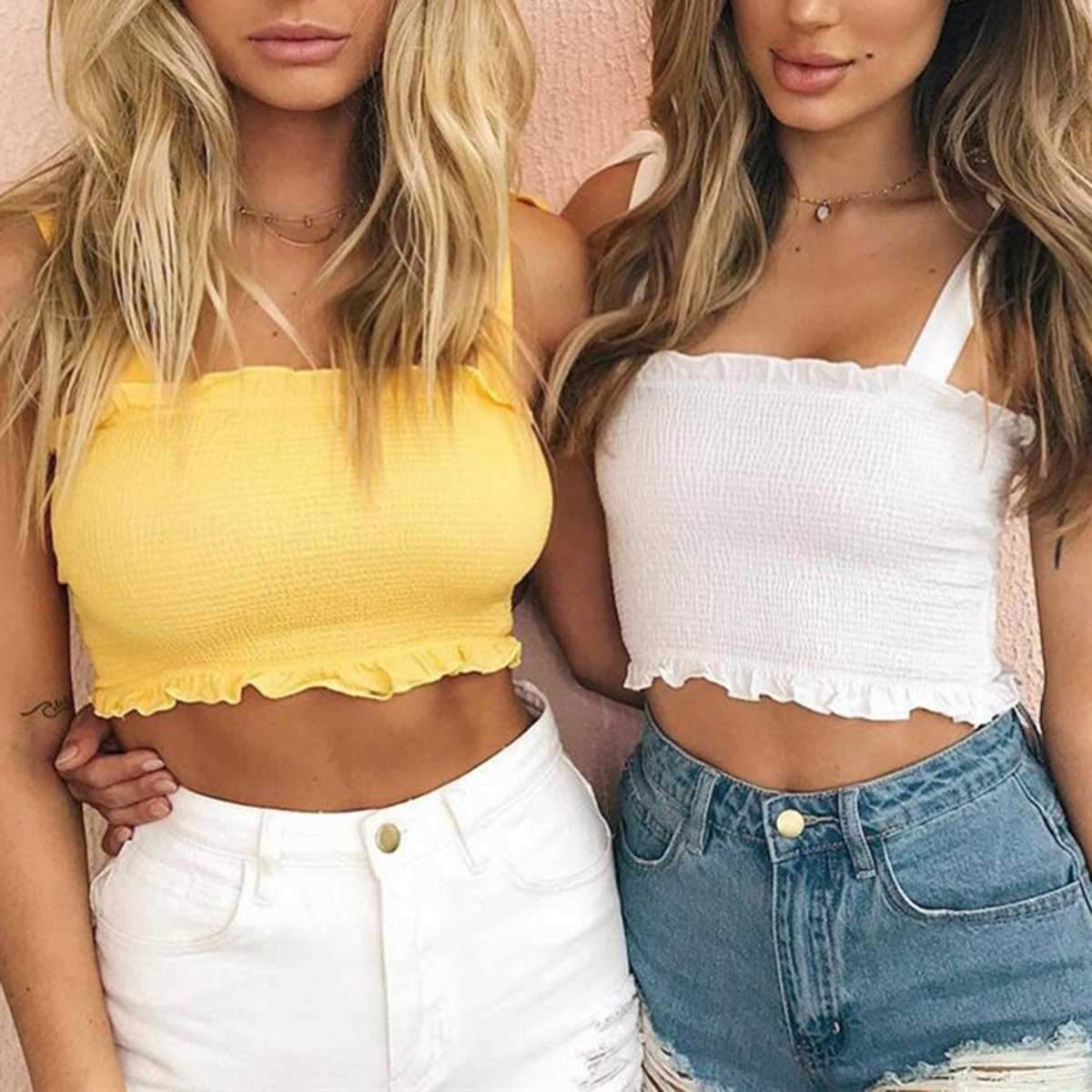 Curved Hem Trimmed Scrunch Tie Up Shoulder Ruched Crop Top Tanks on sale - SOUISEE