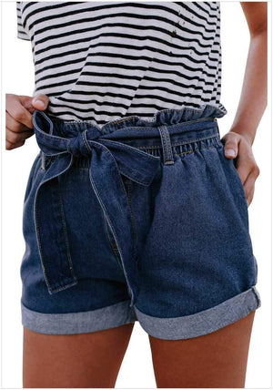 Boyfriend Loose Fit High Waisted Cuffed Paperbag Denim Shorts on sale - SOUISEE