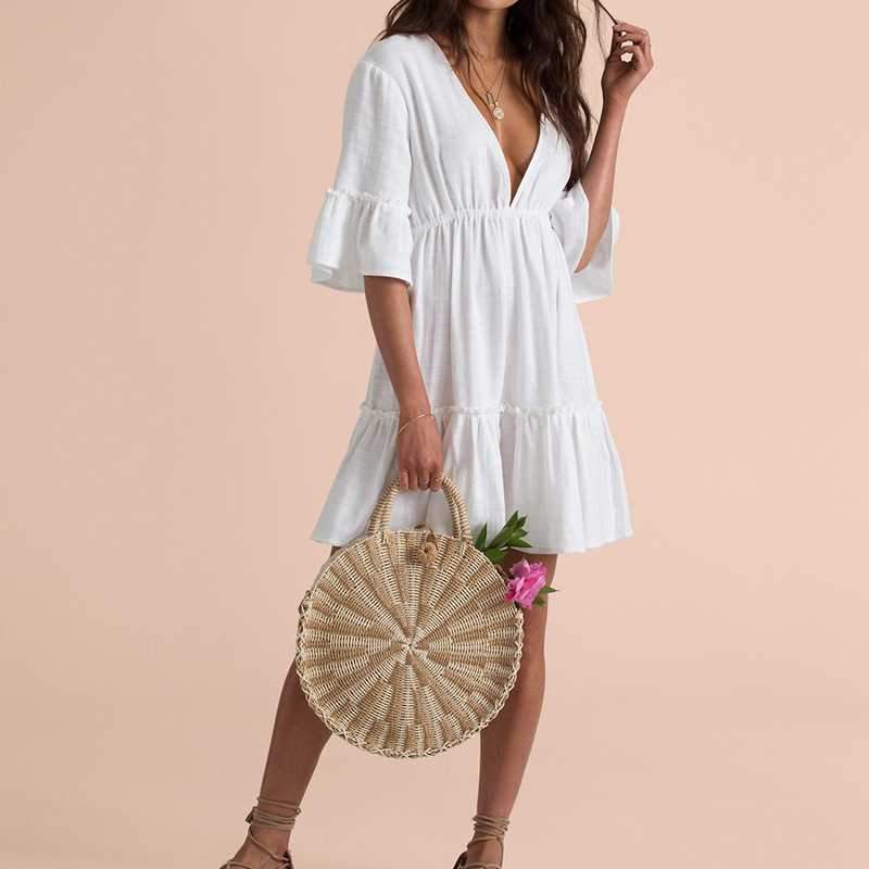 Deep V Back White Lantern Sleeve Frill Dress With Ruffles At Bottom on sale - SOUISEE