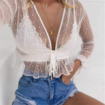 Dotted Tie Front Plunge White Sheer Mesh Lace Peplum Top Blouse on sale - SOUISEE